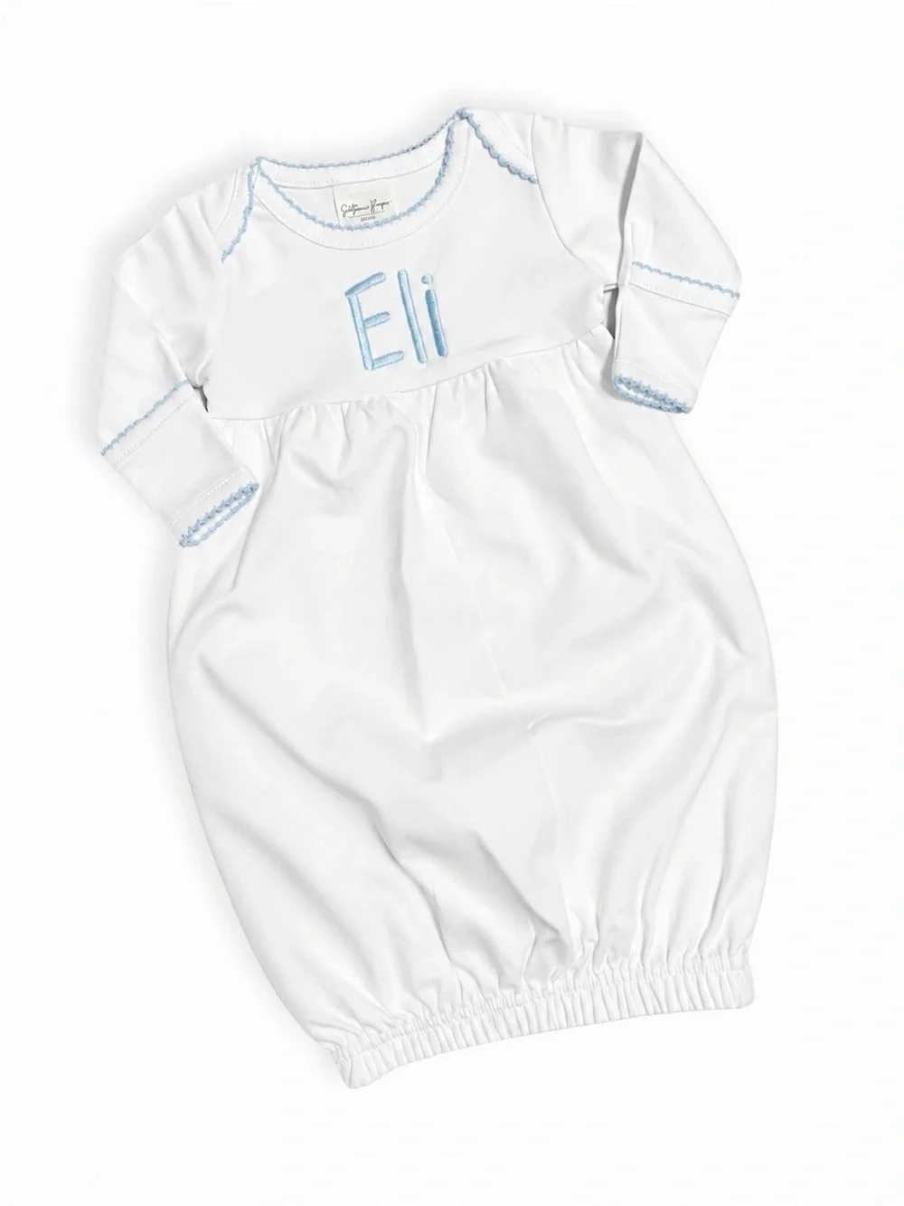 Personalized White Infant Sleep Gown with Light Blue Trim - Eli